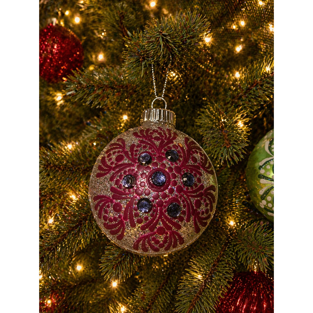 Hand-Painted Mandala Christmas Ornament – Red & Silver Glitter Bauble with Jewel